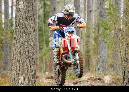 Motocross Fahrer springen mit dem Bike mit hoher Geschwindigkeit auf der Rennstrecke. Stockfoto