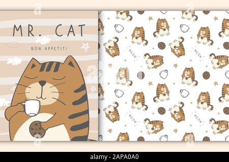 Niedliche Katzen-Illustration für Bucheinband und nahtloses Muster in glatter Kulisse Stock Vektor