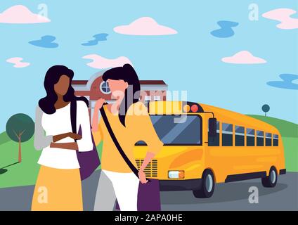 Mädchen Schüler vor Schulbusdesign, Eduaction Klassenunterricht Wissen Vorschulunterricht Lernen und Hauptthema Vektor-Illustration Stock Vektor