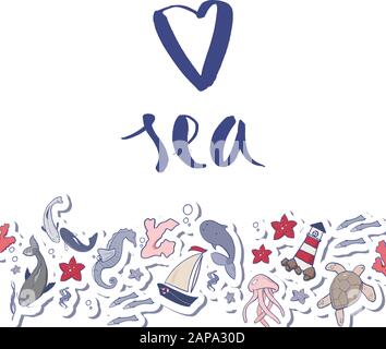 Liebe Meer Vektor Illustration Schöne Meeresfarben Palette. Postkarte, Druck, Hintergrund für Dichtungsmittel. Einladungskarte für Reisen Stock Vektor