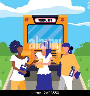 Mädchen Schüler vor Schulbusdesign, Eduaction Klassenunterricht Wissen Vorschulunterricht Lernen und Hauptthema Vektor-Illustration Stock Vektor