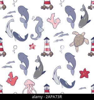 Vektordarstellung der Meerestiere und anderer. Wunderschöne Farbpalette für das Meer Stock Vektor