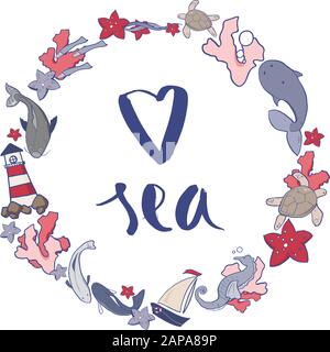 Runder Vector Illustration der Meerestiere und anderer Elemente. Garland mit Fischen, Yach, Seestern, Korallen, Leuchtturm. Stock Vektor
