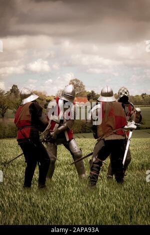 Mittelalterlichen Soldaten in Rüstung in ländlicher Umgebung Stockfoto