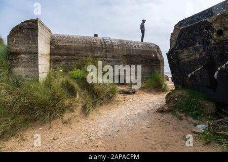 Deutscher Bunker im zweiten Weltkrieg am Utah Beach, Normandie, Frankreich Stockfoto