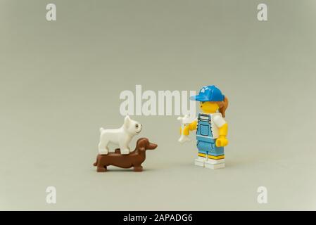 Florianopolis - Brasilien, 5. Mai 2019: LEGO-Miniaturen von stehenden Tamer, die ihren Hunden mit einem Knochen in der Hand beibringen. Trainer spielt mit Hunden. LEGO Min Stockfoto