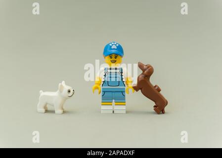 Florianopolis - Brasilien, 5. Mai 2019: LEGO-Minifiguren von Hund über seinen Besitzer lecken und Spaß haben. Zuneigung zwischen Haustieren und ihrem Besitzer. Minifigure Stockfoto