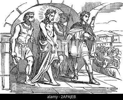 Antike biblische Vintage-Gravur oder Zeichnung von Menschenmassen, die um Kreuzigung und Pilatssatz Jesus zum Tode bitten. Bibel, Neues Testamente, Lukas 23. Biblische Geschichte, Deutschland 1859. Stock Vektor