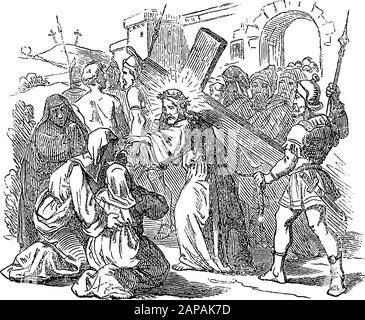 Antike biblische Vintage-Gravur oder Zeichnung von Jesus, die Kreuz für Kreuzigung und Gespräch mit Frauen von Jerusalem trägt. Bibel, Neues Testamente, Lukas 23. Biblische Geschichte, Deutschland 1859. Stock Vektor