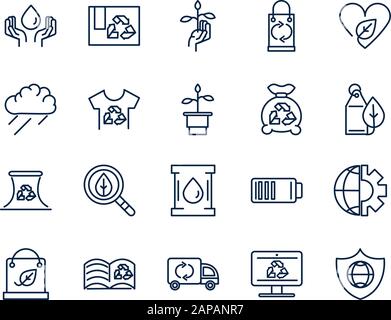 Ökologie Umwelt Erneuerbare nachhaltige Symbole setzen lineare Vektorgrafiken Stock Vektor