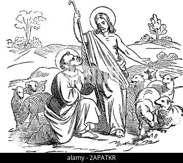 Die antike biblische Vintage-Gravur oder Zeichnung des wiederauferstandenen Jesus Erscheint dem Jünger oder Apostel des Heiligen Simon Peter.Bible, Neues Testamente, dem Johannes 21-Gospel. Biblische Geschichte, Deutschland 1859. Stock Vektor