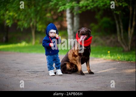 Ein brauner Labrador in einem roten Schal sitzt auf dem Straßenbelag, daneben ein kleines Mädchen in einer blauen Jacke Stockfoto