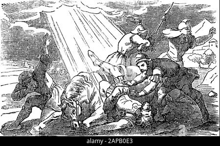 Antike biblische Vintage-Gravur oder Zeichnung der Geschichte Jesu, die mit Saul auf der Damaszener Straße spricht.Bibel, Neues Testamente, Apg 9. Biblische Geschichte, Deutschland 1859. Stock Vektor