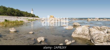 Strand am Faro Leuchtturm, Holmudden Faro, Gotland, Schweden. Stockfoto