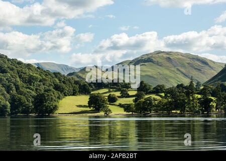 Wenn Sie an einem Sommertag in Richtung High Street und Steel Knots blicken, Ullswater, Lake District Stockfoto