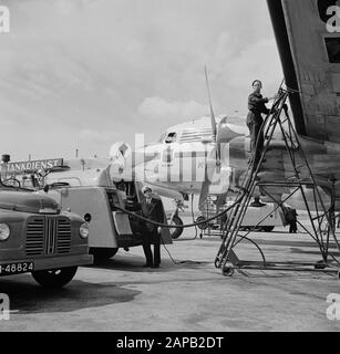 Unternehmensstil und Embleme KLM Beschreibung: Die Douglas DC-4 Edamer mit der Corporate Identity KLM und dem Edam-Logo unter dem Seitenfenster des Cockpits am Flughafen Schiphol inmitten von Start- und Tankschiffen. Datum: August 1951 Standort: Noord-Holland, Schiphol Stichwörter: Tanklastwagen, Betankung, Embleme, Logos, Flugzeuge Stockfoto