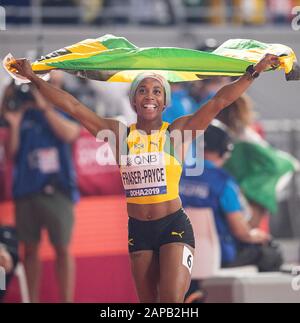 Jubelsieger Shelly-Ann FRASER-PRYCE (JAM/1. Platz). 100-m-Finale der Frauen, am 29. September 2019 bei den Leichtathletik-Weltmeisterschaften 2019 in Doha/Katar, ab 27. September. - 10.10.2019. â Nutzung weltweit Stockfoto