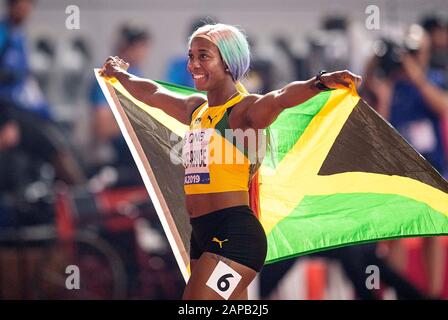 Jubelsieger Shelly-Ann FRASER-PRYCE (JAM/1. Platz). 100-m-Finale der Frauen, am 29. September 2019 bei den Leichtathletik-Weltmeisterschaften 2019 in Doha/Katar, ab 27. September. - 10.10.2019. â Nutzung weltweit Stockfoto