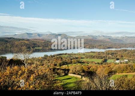 Panoramablick auf Langdale, Scafell und Wetherlam vom Orrest Head im Herbst, Lake District Stockfoto