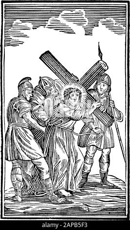 Antike biblische Vintage-Gravur oder Zeichnung der 2. Oder 2. Kreuzwegstation oder Kreuzweg oder Via Crucis. Jesus trägt Seine Kreuzbibel,Neues Testament,Mittlere Himmelsschlssel, Neuhaus, Deutschland, um 1840 Stock Vektor