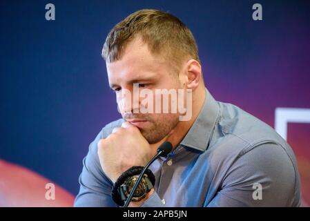 Riga, Lettland. Januar 2020. Mairis Briedis hatte während der Pressekonferenz vor seinem bevorstehenden Kampf um den IBF-Titel mit Yuniel Dorticos bei der World Boxing Super Series. Credit: Gints Ivuskans/Alamy Live News Stockfoto