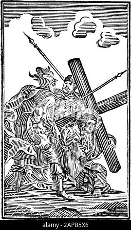 Antike biblische Vintage-Gravur oder Zeichnung von der 3th oder Third Station of the Cross oder Way of the Cross oder Via Crucis. Jesus fällt zum ersten Mal.Bibel,Neues Testament,Mittleres Himmelsschlussel, Neuhaus, Deutschland, 1840 Stock Vektor