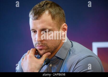 Riga, Lettland. Januar 2020. Mairis Briedis hatte während der Pressekonferenz vor seinem bevorstehenden Kampf um den IBF-Titel mit Yuniel Dorticos bei der World Boxing Super Series. Credit: Gints Ivuskans/Alamy Live News Stockfoto