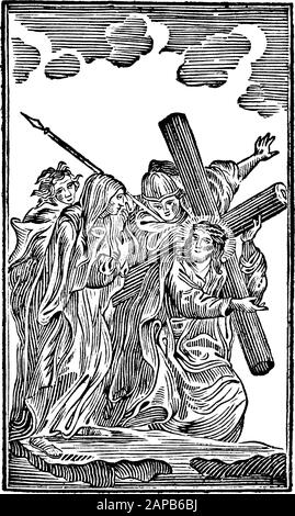 Antike biblische Vintage-Gravur oder Zeichnung der 4. Oder vierten Kreuzwegstation oder Kreuzweg-Kreuzweg oder Der Via Crucis. Jesus trifft seine Mutter Mary.Bible,Neues Testament,Mittleres Himmelsschlssel, Neuhaus, Deutschland, um 1840 Stock Vektor