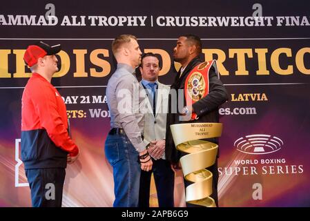 Riga, Lettland. Januar 2020. Pressekonferenz von Mairis Briedis und Yuniel Dorticos, bevor sie bei der World Boxing Super Series um den IBF-Titel kämpfen. Credit: Gints Ivuskans/Alamy Live News Stockfoto