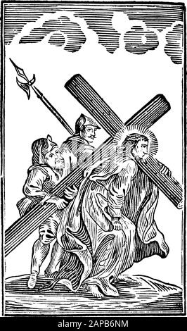 Antike biblische Vintage-Gravur oder Zeichnung der 5. Oder 5. Kreuzwegstation oder Kreuzweg oder Via Crucis. Simon von Kyrene hilft Jesus, das Kreuz zu tragen.Bibel,Neues Testament,Mittlere Himmelsschlssel, Neuhaus, Deutschland, um 1840 Stock Vektor