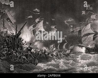 Sir Francis Drake attackierte die spanische Armada, 1588 Stockfoto