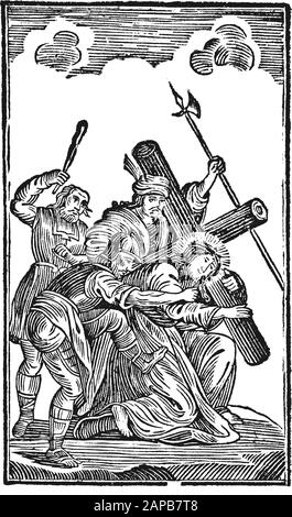 Antike biblische Vintage-Gravur oder Zeichnung von 7. Oder 7. Kreuzwegstation oder Kreuzweg oder Via Crucis. Jesus fällt zum zweiten Mal.Bibel,Neues Testament,Mittleres Himmelsschlssel, Neuhaus, Deutschland, um 1840 Stock Vektor