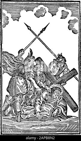 Antike biblische Vintage-Gravur oder Zeichnung der 9. Oder neunten Kreuzwegstation oder Kreuzweg-Kreuzweg oder Via Crucis. Jesus fällt zum dritten Mal.Bibel,Neues Testament,Mittleres Himmelsschlssel, Neuhaus, Deutschland, um 1840 Stock Vektor