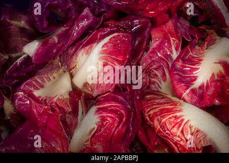 Rote Zichorie auf dem Stapel mit Wassertropfen, schinkende rote Farben, die aus der Dunkelheit kommen, wegen der Lightbrush-Technik im Studio. Stockfoto