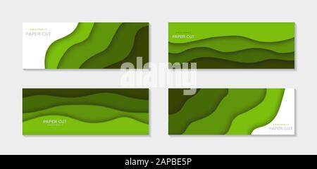 3D-Vektor Papierschnitt, abstrakter horizontaler Hintergrund. Hergestellt mit grünen Farbtönen. Für Ihren Flyer, Poster, Broschüren, Geschäftspräsentation und... Stock Vektor