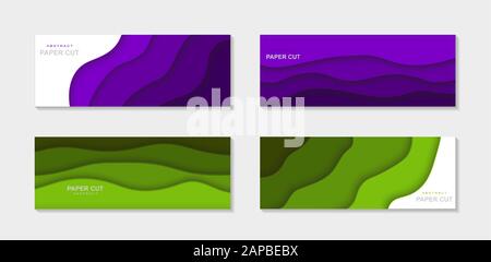 3D-Vektor Papierschnitt, abstrakter horizontaler Hintergrund. Grün und violett. Für Ihren Flyer, Poster, Broschüren, Geschäftspräsentation und... Stock Vektor