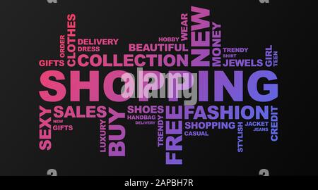 Shopping Wordcloud Auf Schwarzem Hintergrund Mit Violetten Worten, Panorama Stockfoto