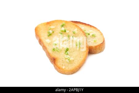 Geröstete Brotscheiben mit Knoblauch isoliert auf weißem Hintergrund Stockfoto