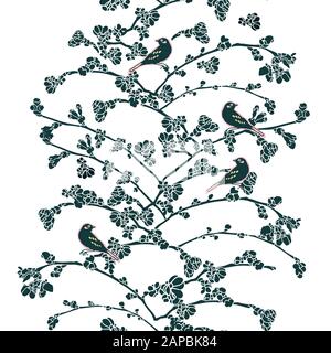Vektor realistische Botanik Kirschbaum vertikale Grenze mit Frühlings-Blumen und Vogel. Wunderschönes Design für Hochzeit, Veranstaltung. Hintergrund der Natur. Druck, Stoff, stationär. Stock Vektor
