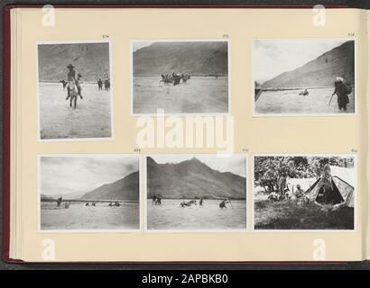 PhotoAlbum Fisherman: First Karakoru Expedition, 1922 Beschreibung: Album-Blatt mit sechs Fotos. Links oben, rechts oben: Die Kreuzung des Popache River; links unten und Mitte: Die Rettung der Kühle im Popache River; rechts unten: Expeditionmitglieder für ein Zelt im Popache Camp Datum: 192/08/22 Ort: Indien, Karakorum, Pakistan Schlüsselwörter: Kühle, Flüsse, Zelte Stockfoto