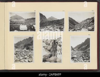 PhotoAlbum Fisherman: First Karakoru Expedition, 1922 Beschreibung: Album-Blatt mit sechs Fotos. Oben links: Camp 2 in Popache Longma; oben rechts, unten links, unten rechts: Blick auf Gletscher und Moränenfelder zwischen Camp 1 und 2; unten Mitte: Eine Coolie barfuß auf der Moräne Datum: 192/08/30 Ort: Indien, Karakorum, Pakistan Schlüsselwörter: Berge, Gletscher, Kühle Stockfoto