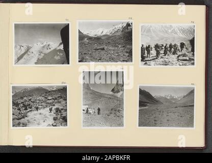 PhotoAlbum Fisherman: First Karakoru Expedition, 1922 Beschreibung: Album-Blatt mit sechs Fotos. Oben links: Der höchste Gipfel der Sasir Gruppe; oben Mitte: Das Gangmolung-Tal mit dem Gletscher; oben rechts: Die Kühle im Gangmolung-Tal; unten links: Die Kühle überqueren den Bach bei Thalambuti; unten Mitte: Das Lager in Thalambuti; unten rechts: Thalambuti und die Berge der nördlichen Sasir -Gruppe Datum: 192/08/11 Ort: Indien, Karakorum, Pakistan Schlüsselwörter: Berge, Gletscher, Zelte Stockfoto