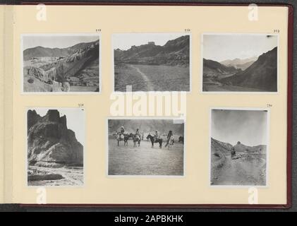 PhotoAlbum Fisherman: First Karakoru Expedition, 1922 Beschreibung: Album-Blatt mit sechs Fotos. Links oben: Erdpyramiden zwischen Kalatse und Lamayuru Gorge; oben Mitte und rechts: Gesicht von Lamayuru; unten links: Lagerplatz in Bodkarbuk; unten Mitte: Polospiel in Bodkarbuk; unten rechts: Blick auf einen Berg, der dem Schweizer Riffelhorn bei Zermatt ähnelt Datum: 192/09/20 Ort: Himalaya, Indien Schlüsselwörter: Berge, Sportlager Stockfoto