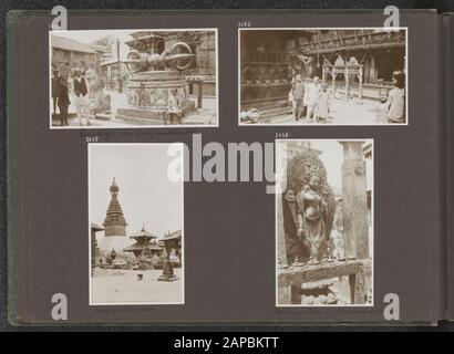 Fotoalbum Fisherman: British Indies, Nepal, z. (1932) Beschreibung: Album-Blatt mit vier Bildern: Oben links: Die 'Dorja' des Swayambunath-Tempels in Kathmandu. Oben rechts: Teil des Swayambunath-Tempels. Links unten: Der Swayambunath-Tempel mit einem Affen. Unten rechts: Bild von Tara in Swayambunath in Kathmandu Datum: 1932/01/01 Ort: Kathmandu, Nepal Schlüsselwörter: Affen, Tempel Stockfoto
