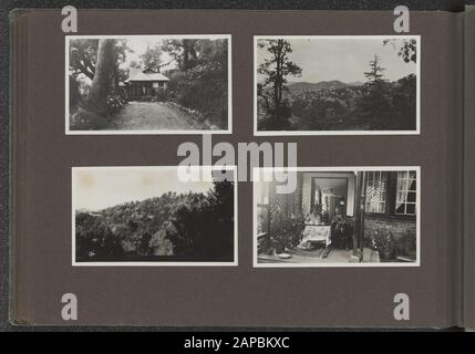 Fotoalbum Fisherman: British Indies, Nepal, z. (1932) Beschreibung: Album-Blatt mit vier Fotografien. Links oben: Sommerresidenz von Philips Christiaan Visser und Jenny Visser-Hooft in Simla. Oben rechts: Blick auf den Hügel mit hier und da ein Haus. Unten links: Auf dem Hügel. Unten rechts: Philps Christiaan Visser und seine Frau Jenny Visser-Hooft trinken Tee für ihren Landsitz in Simla, Indien Datum: 1932 Ort: Indien, Simla Schlüsselwörter: Sommer bleibt persönlicher Name: Fischer, Philips Christiaan, Visser-Hooft, Jenny Stockfoto