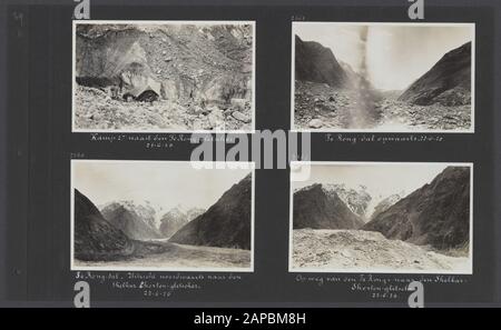 PhotoAlbum Fisherman: Third Karakoru Expedition, 1929 Beschreibung: Album-Blatt mit drei Fotos. Links: Shéraks auf dem Shalkar-Chorten-Gletscher; rechts oben: Auf dem Shalkar-Chorten-Gletscher; rechts unten: Camp 29 auf dem Shalkar-Chorten-Gletscher Datum: 199/06/23 Ort: Indien, Karakorum, Pakistan Schlüsselwörter: Berge, Expeditionen, Gletscher, Zelte Stockfoto
