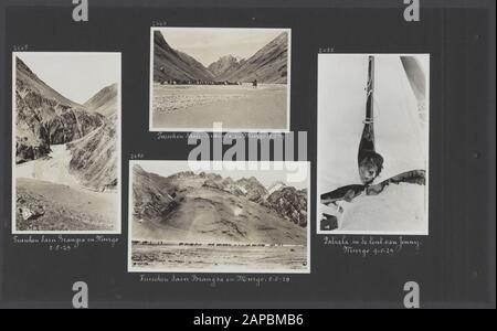 PhotoAlbum Fisherman: Third Karakoru Expedition, 1929-1930 Beschreibung: Album-Blatt mit vier Fotografien. Links: Gebirgszug zwischen Sasir Brangsa und Murgo; mittlerer Ober- und Mittellauf: Die Expedition zwischen Sasir Brangsa und Murgo; rechts: Der Hund Patiala im Zelt von Jenny Visser-Hooft in Murgo Datum: 199/08/08 Ort: Indien, Karakorum, Pakistan Schlüsselwörter: Berge, Expeditionen, Gletscher, Hunde Stockfoto