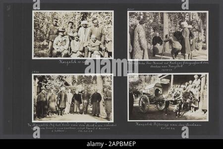 PhotoAlbum Fisherman: Third Karakoru Expedition, 1929-1930 Beschreibung: Album-Blatt mit vier Fotografien. Links oben: J.A. Sillem, Jenny Visser-Hooft und Ph.C. Fischer in Kargalik; links unten: Firma im Haus Ambaan in Kargalik mit ganz rechts J.A. Sillem. Zweiter links der Aksakal, der indische Konsularvertreter in Kargalik, ein Russe, der Gastgeber der Expeditionsteilnehmer, der englische Vize-Konsul Sheriff, der Amban, der chinesische Vertreter in Kargalik; oben rechts: Der englische Vizekonsul Sherrif fotografiert den Amban von Kargalik; unten rechts: Die Kutsche des Ambaan i. Stockfoto