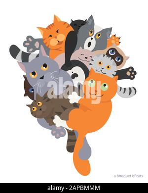 Katzen-Poster. Cartoon CAT Characters Kollektion. Blumenstrauß von Katzen. Flaches, einfaches Design. Vektorgrafiken Stock Vektor