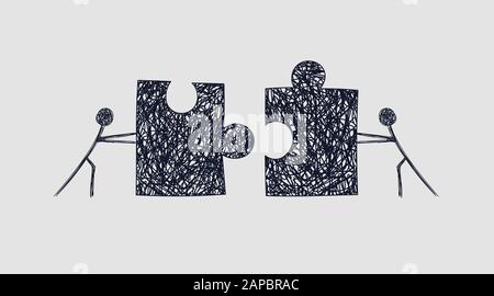 Schematische Darstellung zweier Arbeiter, die Rätsel aufeinander zuschieben Stockfoto